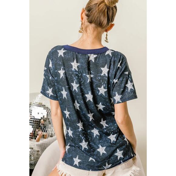 BiBi Vintage Star Print Contrast Caged Neck Detail Short Sleeves Top | Dk Navy - Picture 3 of 7
